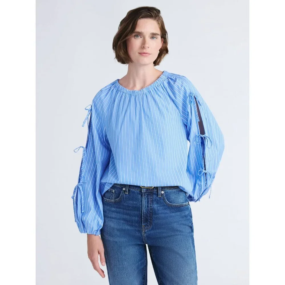 Free Assembly Women's Gathered Neck Cotton Top, Long Tie Sleeve, Size L (12-14) - Picture 2 of 4